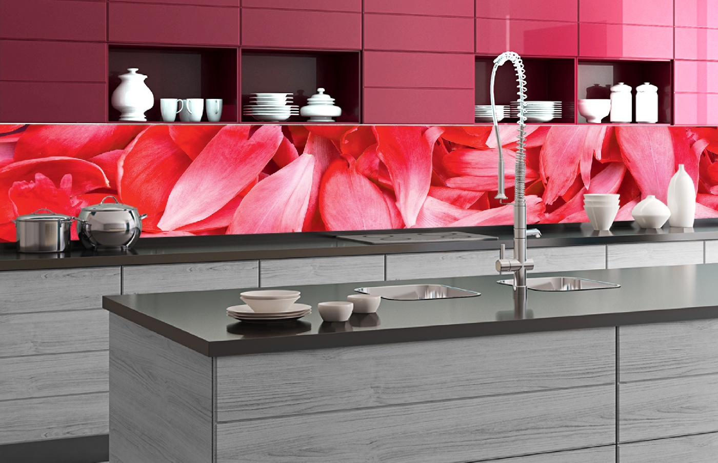Küchenrückwand Folie - Rote Blütenblätter 350 x 60 cm
